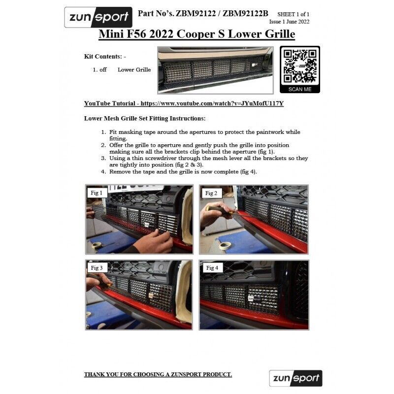 MINI F56 COOPER S LCI 2021+ LOWER GRILLE FROM ZUNSPORT ZBM92122B