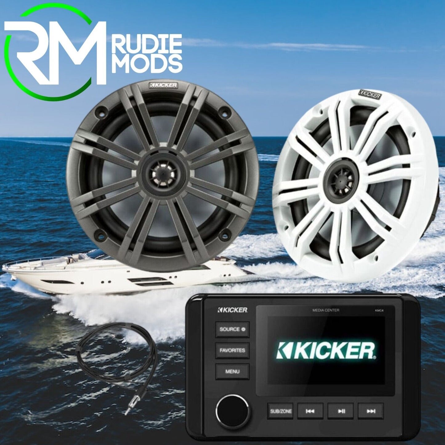 Kicker Marine KMC4 & 6.5" Coaxial Speaker Bundle for Yachts & Watercraft