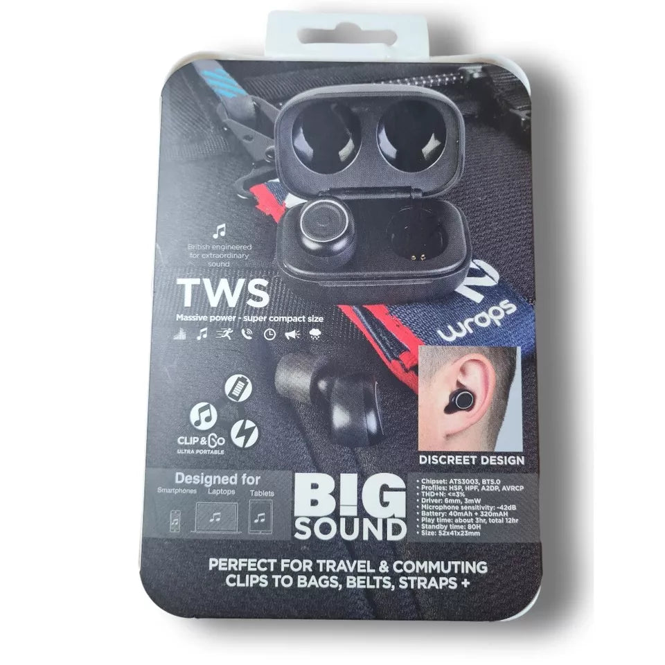 Bluetooth True Wireless Earphones Black Wraps WTWS01-V20 Clip'n Go in ear pods